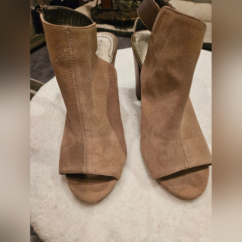 Tahari Taupe Suede Open Toe Bootie Heels